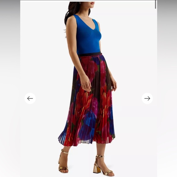 TED BAKER Evola floral print pleated recycled polyester midi skirt 3 US size 8 - Picture 1 of 4